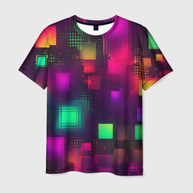 Мужская футболка 3D с принтом Разноцветные квадраты и точки в Тюмени, 100% полиэфир | прямой крой, круглый вырез горловины, длина до линии бедер | 