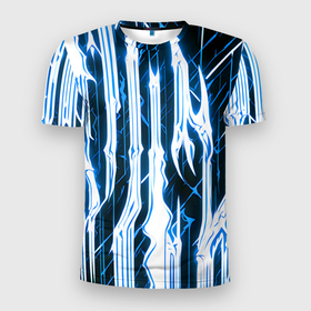 Мужская футболка 3D Slim с принтом Синие неоновые полосы на чёрном фоне в Екатеринбурге, 100% полиэстер с улучшенными характеристиками | приталенный силуэт, круглая горловина, широкие плечи, сужается к линии бедра | Тематика изображения на принте: 