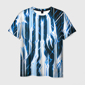 Мужская футболка 3D с принтом Синие неоновые полосы на чёрном фоне в Екатеринбурге, 100% полиэфир | прямой крой, круглый вырез горловины, длина до линии бедер | 