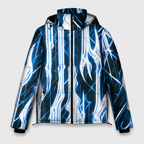 Мужская зимняя куртка 3D с принтом Синие неоновые полосы на чёрном фоне в Екатеринбурге, верх — 100% полиэстер; подкладка — 100% полиэстер; утеплитель — 100% полиэстер | длина ниже бедра, свободный силуэт Оверсайз. Есть воротник-стойка, отстегивающийся капюшон и ветрозащитная планка. 

Боковые карманы с листочкой на кнопках и внутренний карман на молнии. | Тематика изображения на принте: 