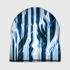 Шапка 3D с принтом Синие неоновые полосы на чёрном фоне в Екатеринбурге, 100% полиэстер | универсальный размер, печать по всей поверхности изделия | Тематика изображения на принте: 