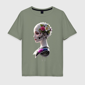 Мужская футболка хлопок Oversize с принтом Фантастическая девушка робот  цветы и механизм в Екатеринбурге, 100% хлопок | свободный крой, круглый ворот, “спинка” длиннее передней части | 