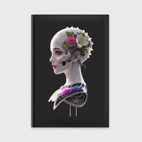 Ежедневник с принтом Фантастическая девушка робот  цветы и механизм в Тюмени,  |  | Тематика изображения на принте: 