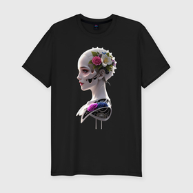 Мужская футболка хлопок Slim с принтом Фантастическая девушка робот  цветы и механизм в Петрозаводске, 92% хлопок, 8% лайкра | приталенный силуэт, круглый вырез ворота, длина до линии бедра, короткий рукав | 