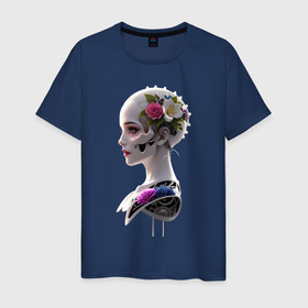 Мужская футболка хлопок с принтом Фантастическая девушка робот  цветы и механизм в Петрозаводске, 100% хлопок | прямой крой, круглый вырез горловины, длина до линии бедер, слегка спущенное плечо. | 