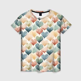 Женская футболка 3D с принтом Разноцветные нарисованные сердечки в Курске, 100% полиэфир ( синтетическое хлопкоподобное полотно) | прямой крой, круглый вырез горловины, длина до линии бедер | 