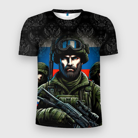 Мужская футболка 3D Slim с принтом Русский   солдат , 100% полиэстер с улучшенными характеристиками | приталенный силуэт, круглая горловина, широкие плечи, сужается к линии бедра | 