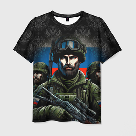 Мужская футболка 3D с принтом Русский   солдат в Санкт-Петербурге, 100% полиэфир | прямой крой, круглый вырез горловины, длина до линии бедер | 