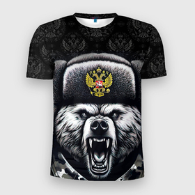 Мужская футболка 3D Slim с принтом Русский    медведь , 100% полиэстер с улучшенными характеристиками | приталенный силуэт, круглая горловина, широкие плечи, сужается к линии бедра | 