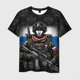 Мужская футболка 3D с принтом Солдат  России в Санкт-Петербурге, 100% полиэфир | прямой крой, круглый вырез горловины, длина до линии бедер | 