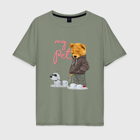 Мужская футболка хлопок Oversize с принтом Плюшевый медведь с роботом собакой , 100% хлопок | свободный крой, круглый ворот, “спинка” длиннее передней части | 