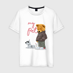 Мужская футболка хлопок с принтом Плюшевый медведь с роботом собакой в Курске, 100% хлопок | прямой крой, круглый вырез горловины, длина до линии бедер, слегка спущенное плечо. | 