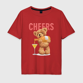Мужская футболка хлопок Oversize с принтом Плюшевый медведь наливает вино в Белгороде, 100% хлопок | свободный крой, круглый ворот, “спинка” длиннее передней части | 