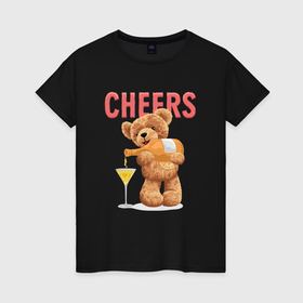 Женская футболка хлопок с принтом Плюшевый медведь наливает вино в Кировске, 100% хлопок | прямой крой, круглый вырез горловины, длина до линии бедер, слегка спущенное плечо | 
