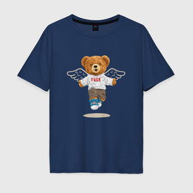 Мужская футболка хлопок Oversize с принтом Плюшевый медвежонок с крыльями в Екатеринбурге, 100% хлопок | свободный крой, круглый ворот, “спинка” длиннее передней части | Тематика изображения на принте: 
