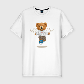 Мужская футболка хлопок Slim с принтом Плюшевый медвежонок с крыльями в Екатеринбурге, 92% хлопок, 8% лайкра | приталенный силуэт, круглый вырез ворота, длина до линии бедра, короткий рукав | 