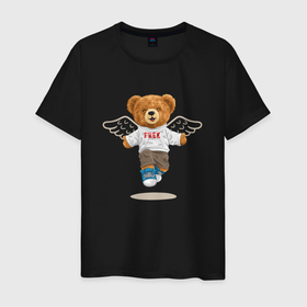 Мужская футболка хлопок с принтом Плюшевый медвежонок с крыльями в Екатеринбурге, 100% хлопок | прямой крой, круглый вырез горловины, длина до линии бедер, слегка спущенное плечо. | 