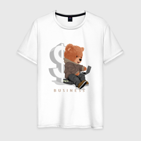 Мужская футболка хлопок с принтом Плюшевый медвежонок бизнесмен в Екатеринбурге, 100% хлопок | прямой крой, круглый вырез горловины, длина до линии бедер, слегка спущенное плечо. | 