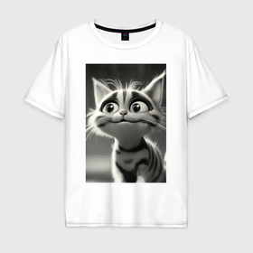 Мужская футболка хлопок Oversize с принтом Любопытный котенок в черно белой гамме в Екатеринбурге, 100% хлопок | свободный крой, круглый ворот, “спинка” длиннее передней части | 