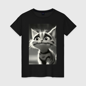 Женская футболка хлопок с принтом Любопытный котенок в черно белой гамме , 100% хлопок | прямой крой, круглый вырез горловины, длина до линии бедер, слегка спущенное плечо | 