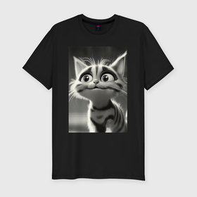 Мужская футболка хлопок Slim с принтом Любопытный котенок в черно белой гамме , 92% хлопок, 8% лайкра | приталенный силуэт, круглый вырез ворота, длина до линии бедра, короткий рукав | Тематика изображения на принте: 