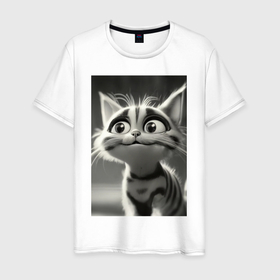 Мужская футболка хлопок с принтом Любопытный котенок в черно белой гамме , 100% хлопок | прямой крой, круглый вырез горловины, длина до линии бедер, слегка спущенное плечо. | 