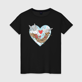 Женская футболка хлопок с принтом Влюблённые голубки в Тюмени, 100% хлопок | прямой крой, круглый вырез горловины, длина до линии бедер, слегка спущенное плечо | 