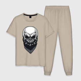 Мужская пижама хлопок с принтом Gangster skull в Екатеринбурге, 100% хлопок | брюки и футболка прямого кроя, без карманов, на брюках мягкая резинка на поясе и по низу штанин
 | Тематика изображения на принте: 