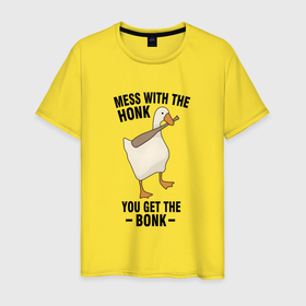 Мужская футболка хлопок с принтом Гусь держит биту в Екатеринбурге, 100% хлопок | прямой крой, круглый вырез горловины, длина до линии бедер, слегка спущенное плечо. | 