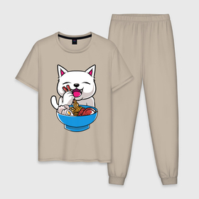 Мужская пижама хлопок с принтом Белый котик обедает в Санкт-Петербурге, 100% хлопок | брюки и футболка прямого кроя, без карманов, на брюках мягкая резинка на поясе и по низу штанин
 | Тематика изображения на принте: 