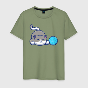 Мужская футболка хлопок с принтом Игривый котейка , 100% хлопок | прямой крой, круглый вырез горловины, длина до линии бедер, слегка спущенное плечо. | Тематика изображения на принте: 