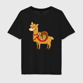 Мужская футболка хлопок Oversize с принтом Лама и ленивец в Тюмени, 100% хлопок | свободный крой, круглый ворот, “спинка” длиннее передней части | 