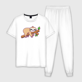 Мужская пижама хлопок с принтом Ленивец спит на дереве в Тюмени, 100% хлопок | брюки и футболка прямого кроя, без карманов, на брюках мягкая резинка на поясе и по низу штанин
 | 