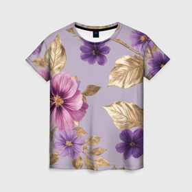 Женская футболка 3D с принтом Фиолетовые цветы с золотыми листьями в Екатеринбурге, 100% полиэфир ( синтетическое хлопкоподобное полотно) | прямой крой, круглый вырез горловины, длина до линии бедер | 