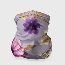 Бандана-труба 3D с принтом Фиолетовые цветы с золотыми листьями в Кировске, 100% полиэстер, ткань с особыми свойствами — Activecool | плотность 150‒180 г/м2; хорошо тянется, но сохраняет форму | 