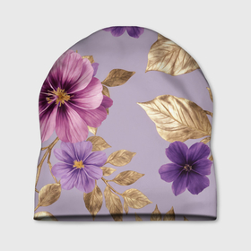 Шапка 3D с принтом Фиолетовые цветы с золотыми листьями в Кировске, 100% полиэстер | универсальный размер, печать по всей поверхности изделия | 