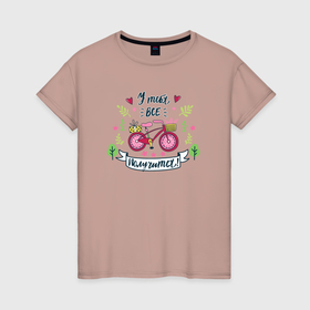 Женская футболка хлопок с принтом Велосипед для девочки в Рязани, 100% хлопок | прямой крой, круглый вырез горловины, длина до линии бедер, слегка спущенное плечо | 