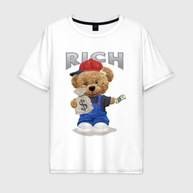 Мужская футболка хлопок Oversize с принтом Плюшевый медведь с мешком денег , 100% хлопок | свободный крой, круглый ворот, “спинка” длиннее передней части | 
