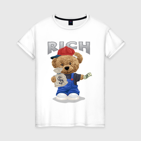 Женская футболка хлопок с принтом Плюшевый медведь с мешком денег в Кировске, 100% хлопок | прямой крой, круглый вырез горловины, длина до линии бедер, слегка спущенное плечо | 