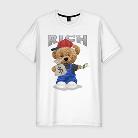 Мужская футболка хлопок Slim с принтом Плюшевый медведь с мешком денег , 92% хлопок, 8% лайкра | приталенный силуэт, круглый вырез ворота, длина до линии бедра, короткий рукав | 