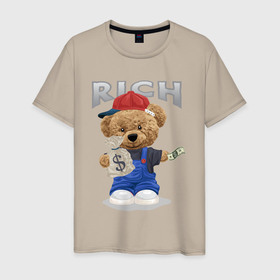 Мужская футболка хлопок с принтом Плюшевый медведь с мешком денег , 100% хлопок | прямой крой, круглый вырез горловины, длина до линии бедер, слегка спущенное плечо. | 