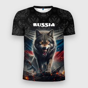 Мужская футболка 3D Slim с принтом Russian wolf в Петрозаводске, 100% полиэстер с улучшенными характеристиками | приталенный силуэт, круглая горловина, широкие плечи, сужается к линии бедра | 