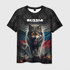 Мужская футболка 3D с принтом Russian wolf , 100% полиэфир | прямой крой, круглый вырез горловины, длина до линии бедер | 