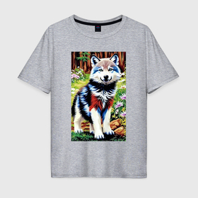 Мужская футболка хлопок Oversize с принтом Прикольный милый волчонок , 100% хлопок | свободный крой, круглый ворот, “спинка” длиннее передней части | 
