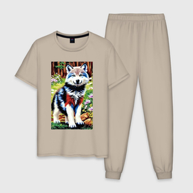 Мужская пижама хлопок с принтом Прикольный милый волчонок в Петрозаводске, 100% хлопок | брюки и футболка прямого кроя, без карманов, на брюках мягкая резинка на поясе и по низу штанин
 | 