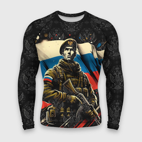 Мужской рашгард 3D с принтом Русский солдат на фоне  флага  России ,  |  | Тематика изображения на принте: 