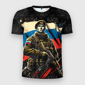 Мужская футболка 3D Slim с принтом Русский солдат на фоне  флага  России , 100% полиэстер с улучшенными характеристиками | приталенный силуэт, круглая горловина, широкие плечи, сужается к линии бедра | 