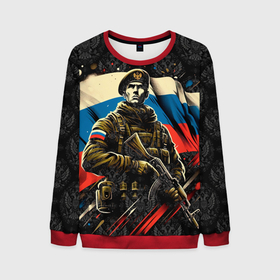 Мужской свитшот 3D с принтом Русский солдат на фоне  флага  России в Кировске, 100% полиэстер с мягким внутренним слоем | круглый вырез горловины, мягкая резинка на манжетах и поясе, свободная посадка по фигуре | 