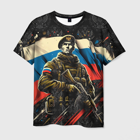 Мужская футболка 3D с принтом Русский солдат на фоне  флага  России в Екатеринбурге, 100% полиэфир | прямой крой, круглый вырез горловины, длина до линии бедер | 