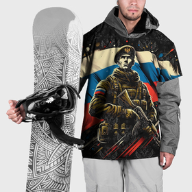 Накидка на куртку 3D с принтом Русский солдат на фоне  флага  России , 100% полиэстер |  | 